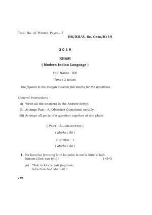 Meghalaya Board (MBOSE) Class 12 KHASI 2019 Question Paper