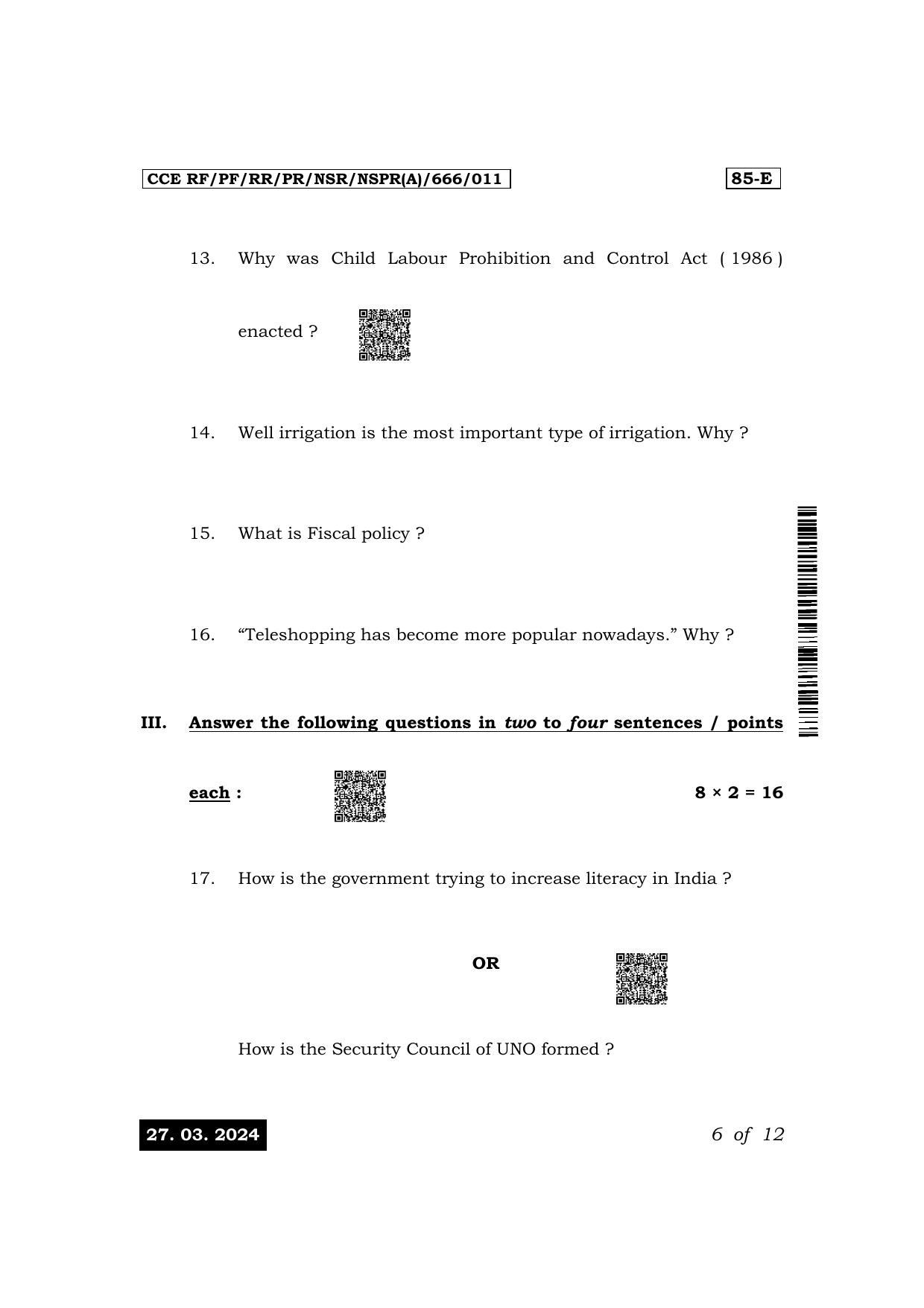 Karnataka SSLC Social Science (English Medium) Exam 1 Question Paper 2024 (A Version) - Page 6