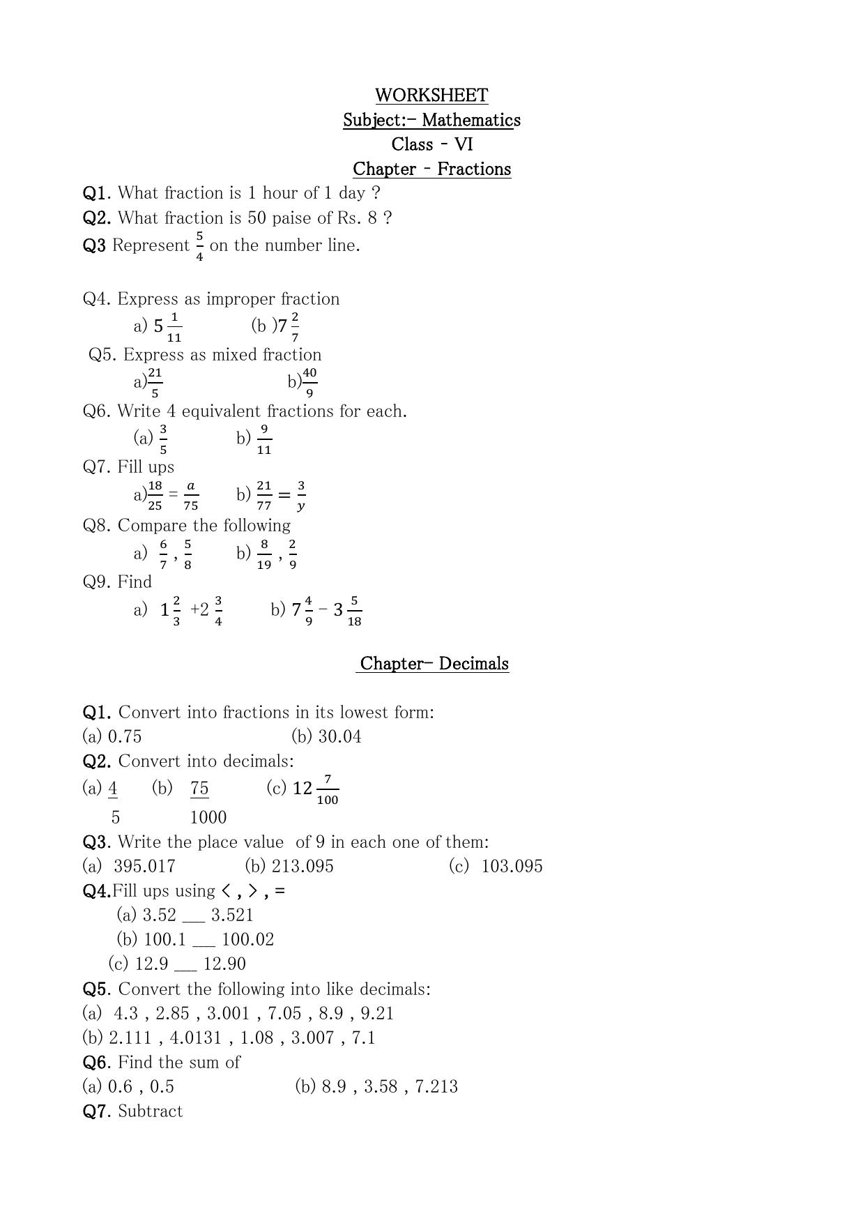 CBSE Worksheets for Class 6 Maths Assignment 7 - Page 1