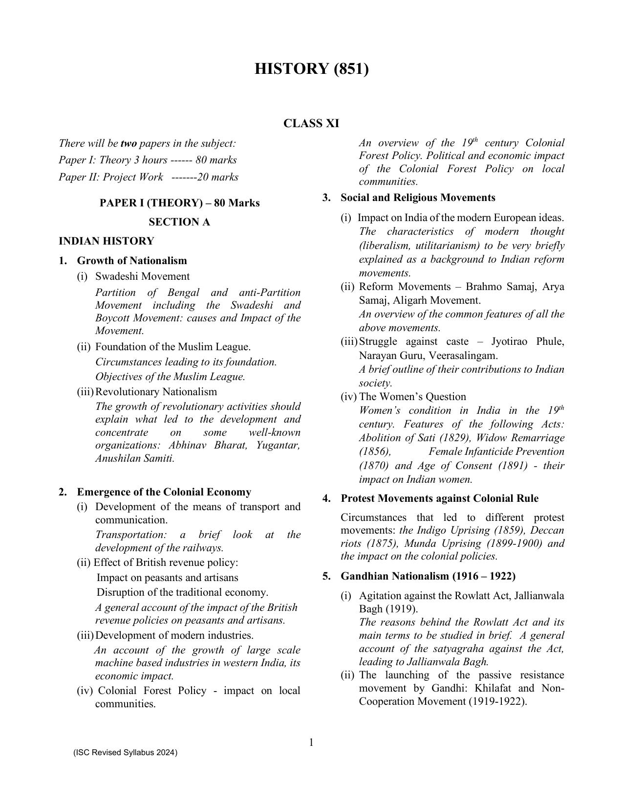 ISC Class XI History 2025 Syllabus - Page 1