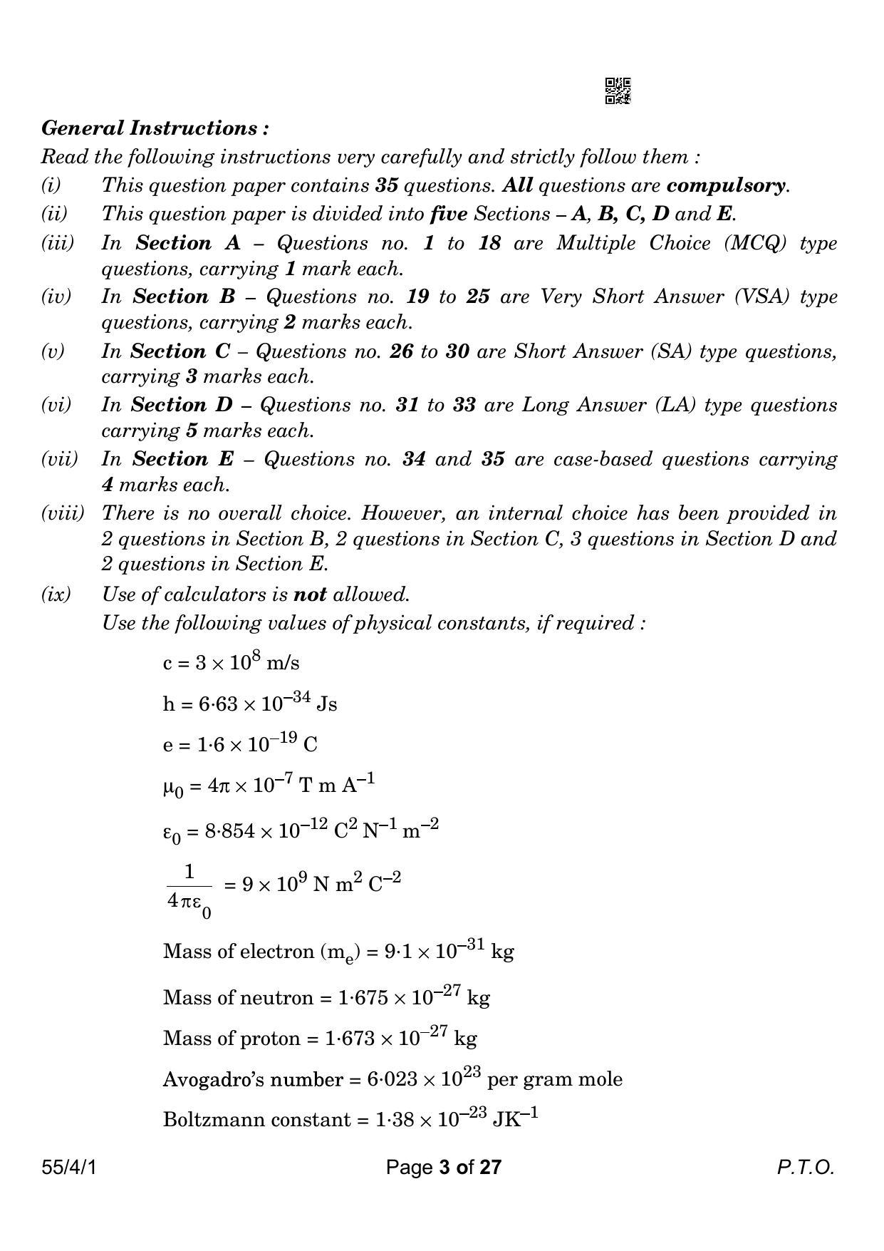 CBSE Class 12 55-4-1 Physics 2023 Question Paper - Page 3