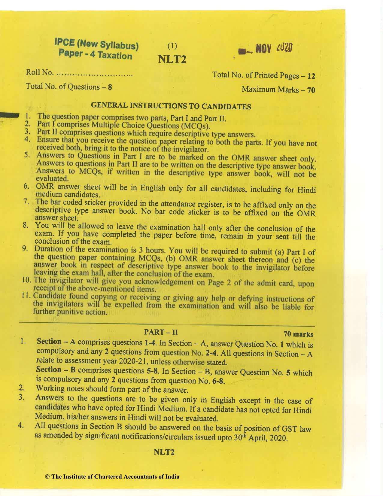 CA Inter Nov 2020 Question Paper - Paper 4 – Taxation - Page 1