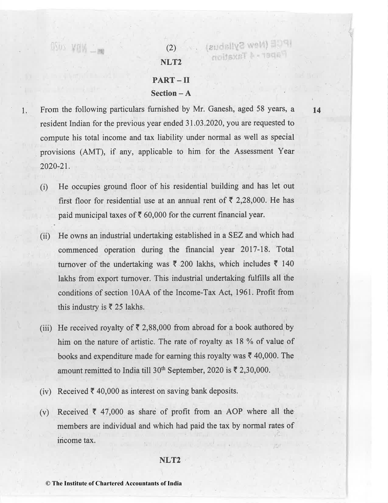 CA Inter Nov 2020 Question Paper - Paper 4 – Taxation - Page 2
