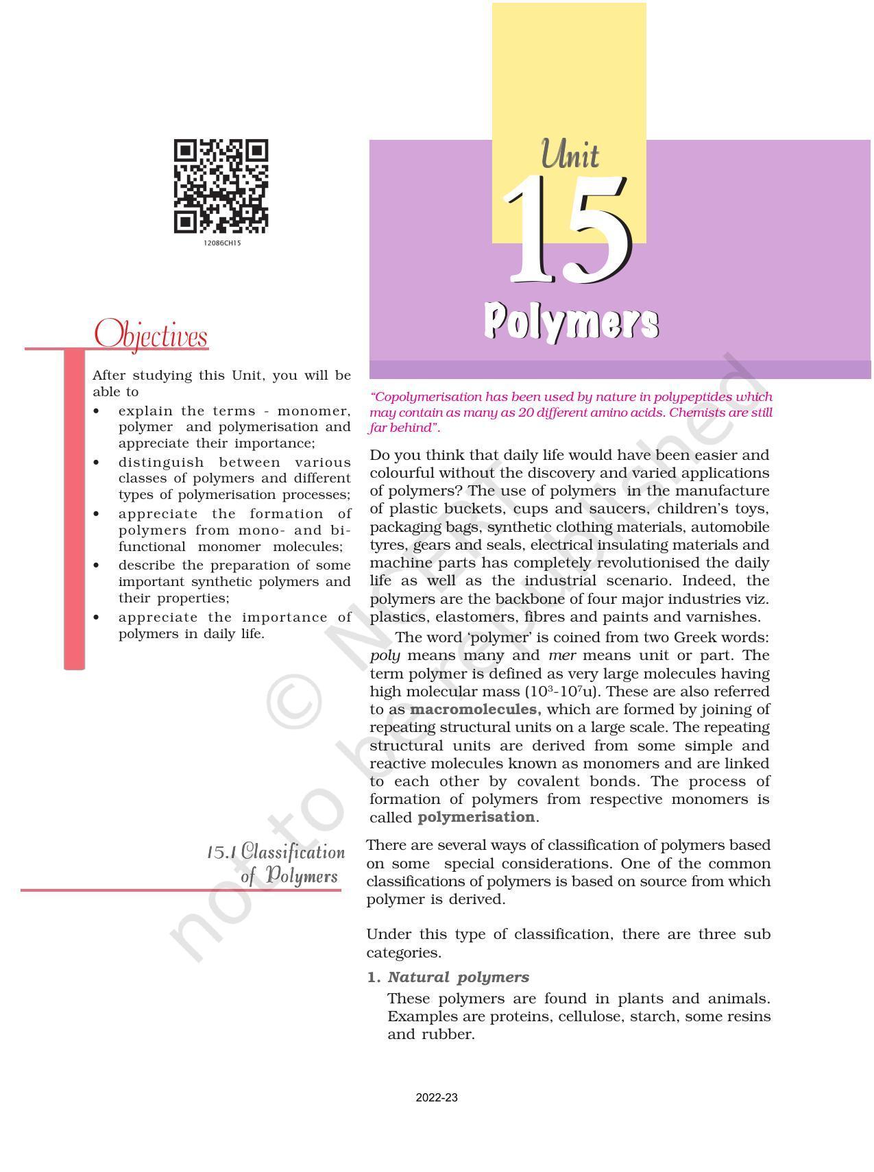 NCERT Book for Class 12 Chemistry Chapter 15 Polymers - Page 1