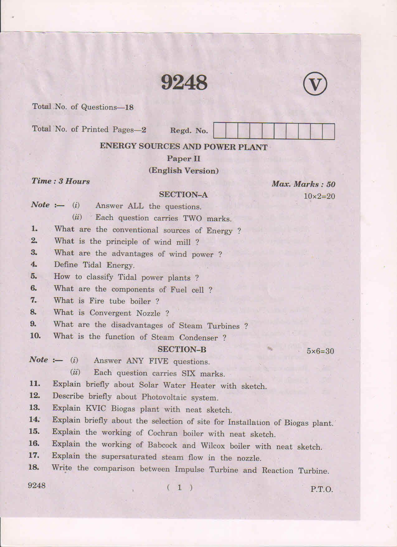 AP Inter 2nd Year Energy Sources and Power Plant March-2019-Vocational Question Paper - Page 1