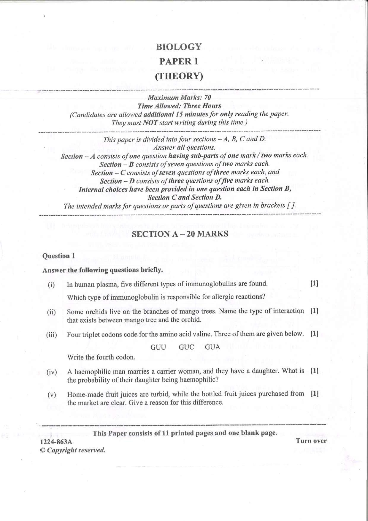 ISC Class 12 Biology 2024 Question Paper - Page 1