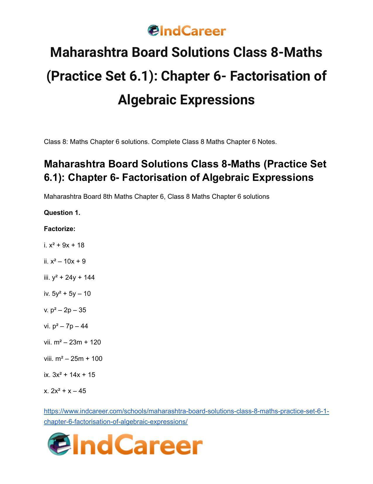 Maharashtra Board Solutions Class 8-Maths (Practice Set 6.1): Chapter 6- Factorisation of Algebraic Expressions - Page 2