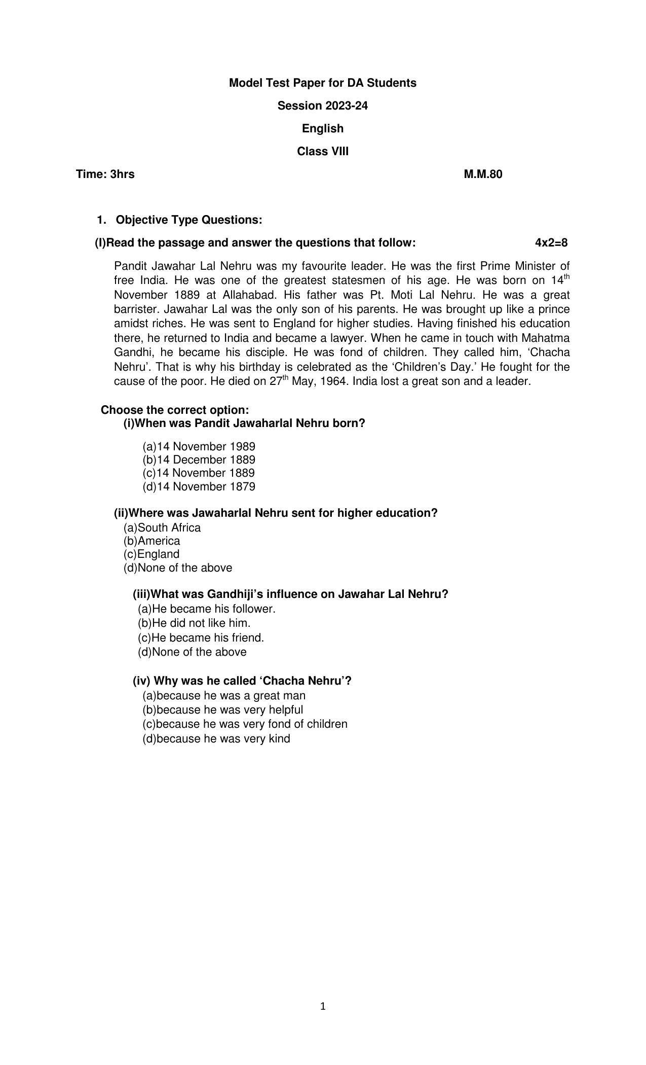 PSEB Class 8th English (DA Students) Model Paper 2024 - Page 1