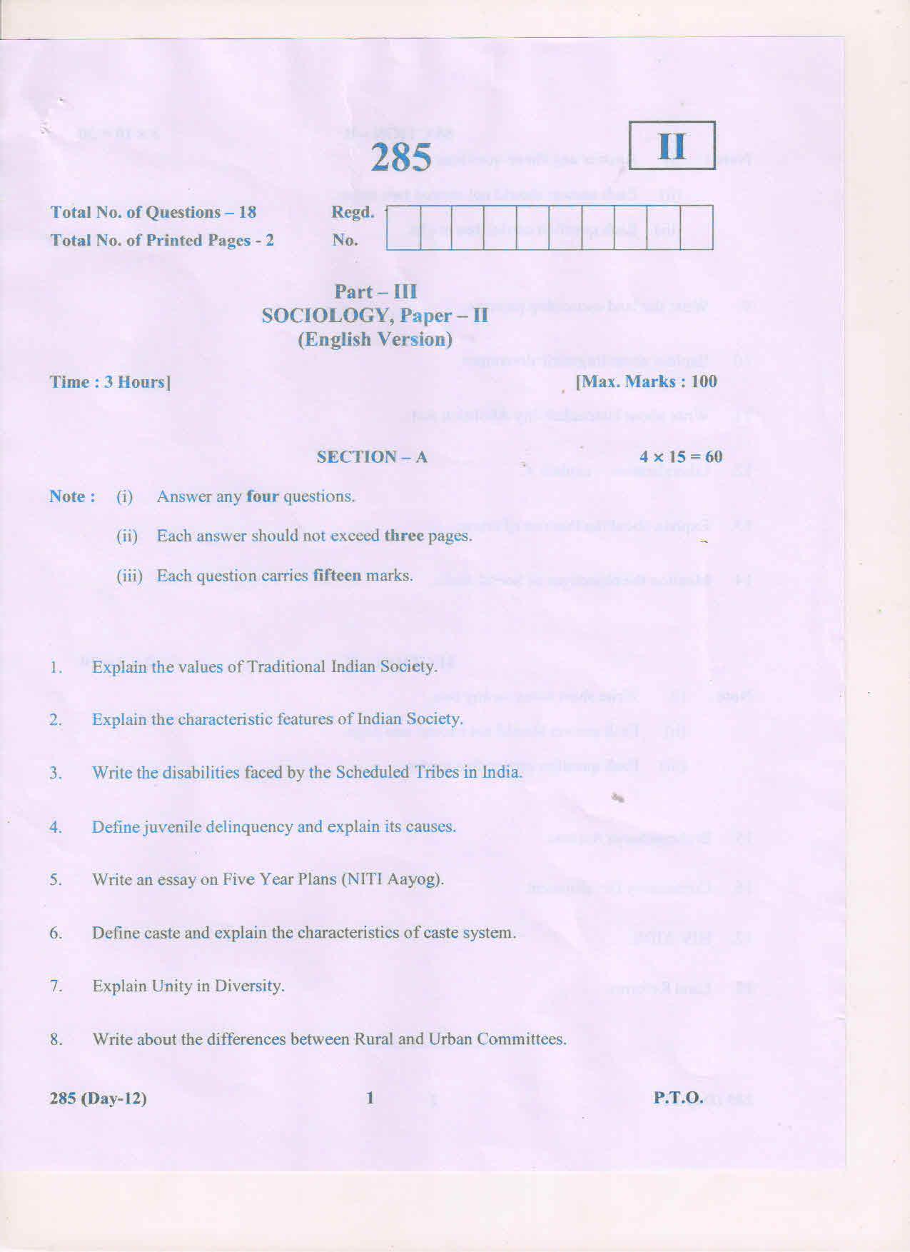 AP Inter 2nd Year Sociology-II (EM) March 2018 (General) Question Paper - Page 1