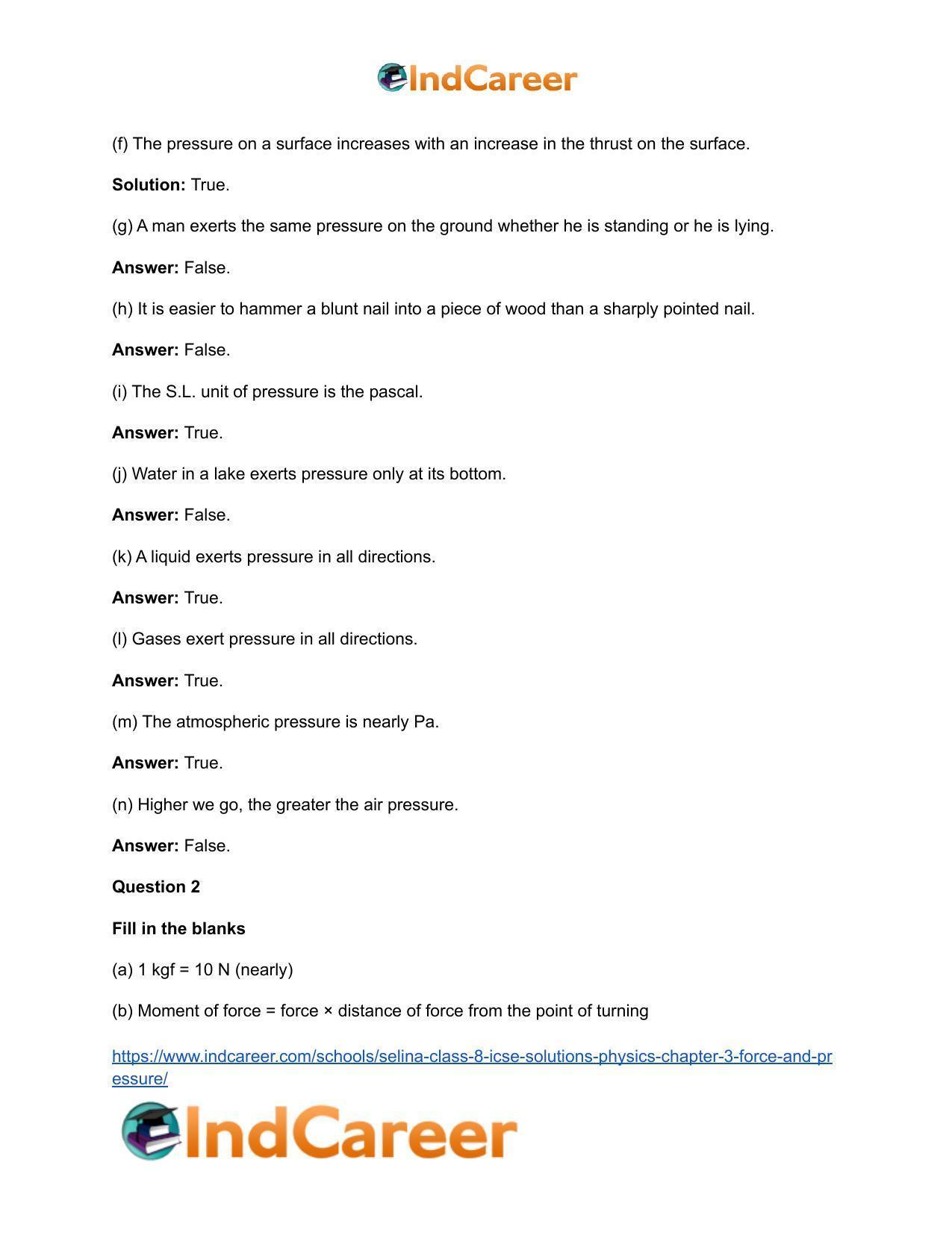 Selina Class 8 ICSE Solutions Physics : Chapter 3- Force and Pressure - Page 3