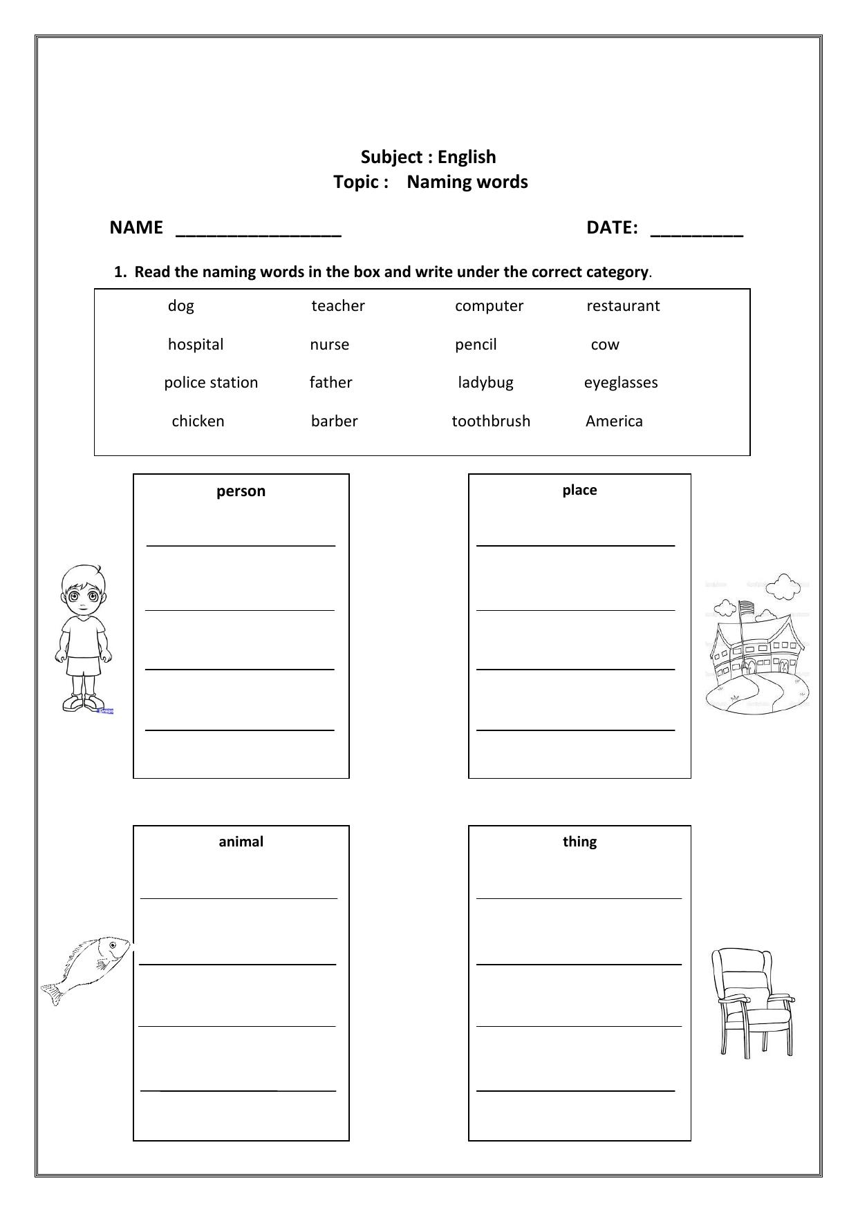 Worksheet for Class 1 English Assignment 35 Naming Words - Page 1