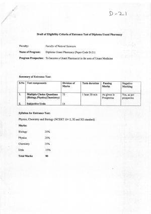 JMI Entrance Exam D21-Diploma in Unani Pharmacy Syllabus