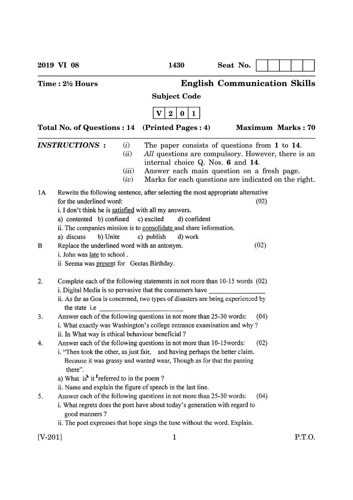 Goa Board Class 12 English Communication Skills 2019 (June 2019) Question Paper - Page 1