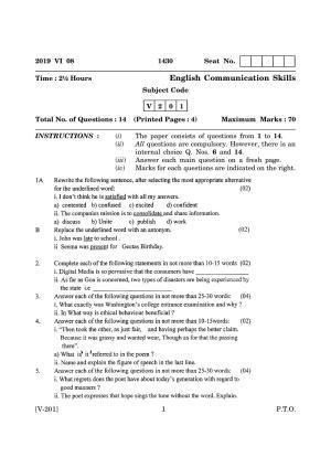 Goa Board Class 12 English Communication Skills 2019 (June 2019) Question Paper
