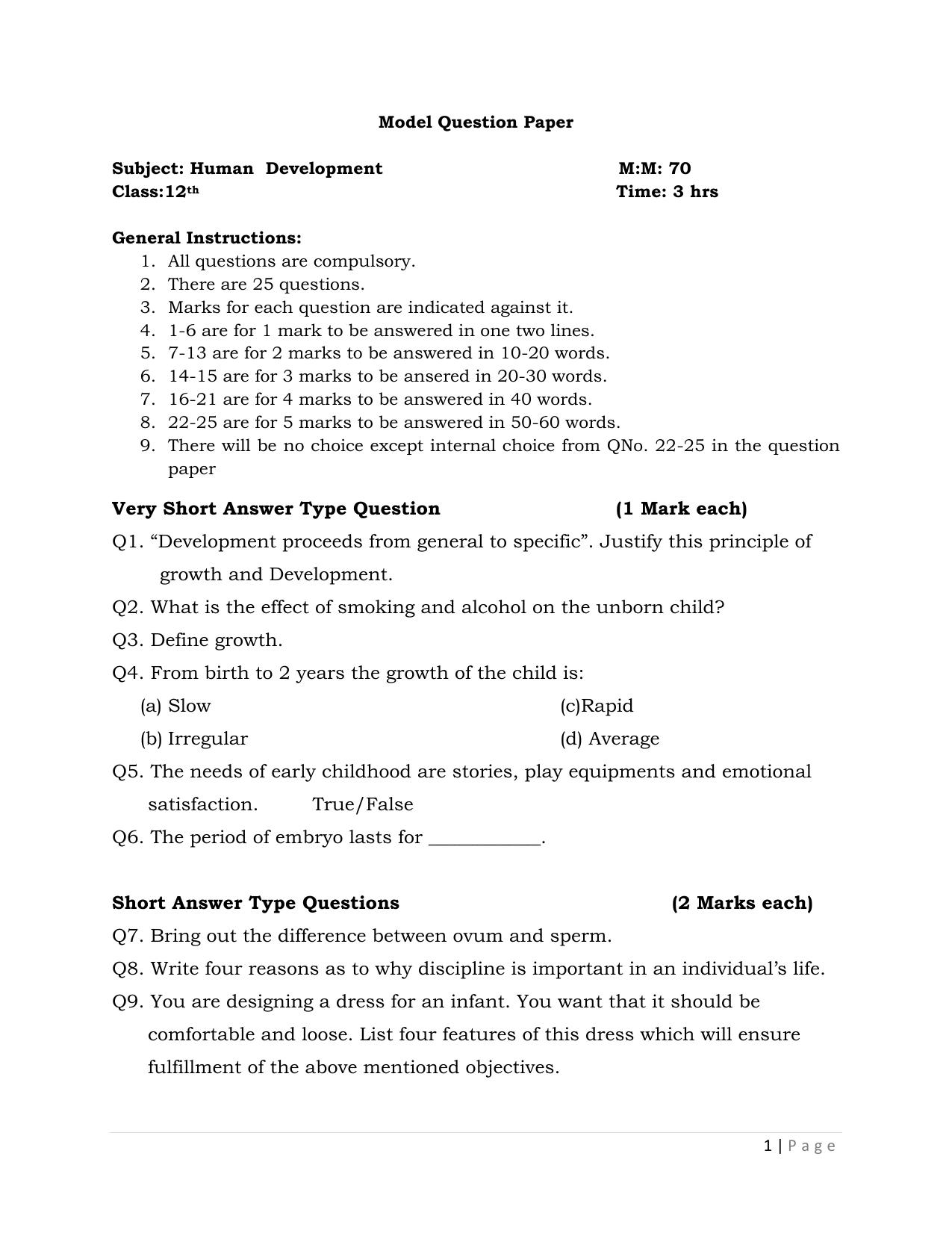 JKBOSE Class 12 Human Development Model Question Paper - Page 1