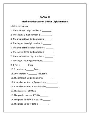 Worksheet for Class 3 Mathematics Four Digit Numbers Assignment