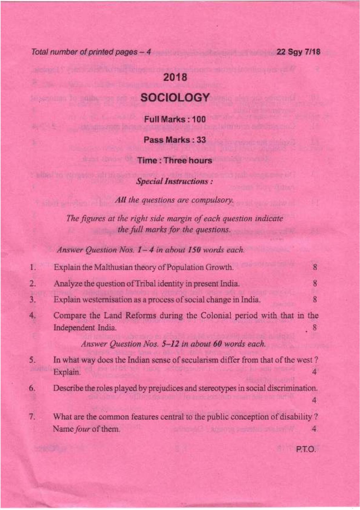 COHSEM Class 12 Sociology 2018 Question Papers - Page 1