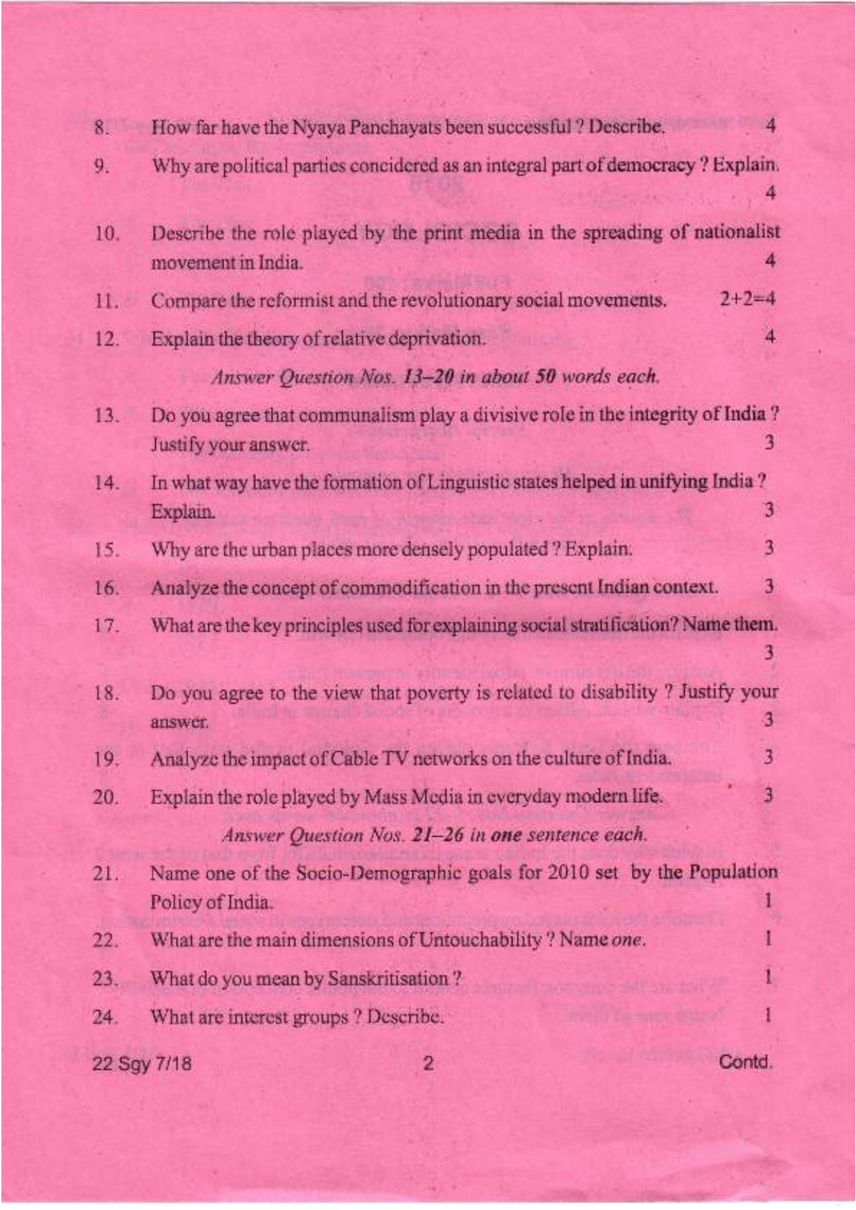 COHSEM Class 12 Sociology 2018 Question Papers - Page 2