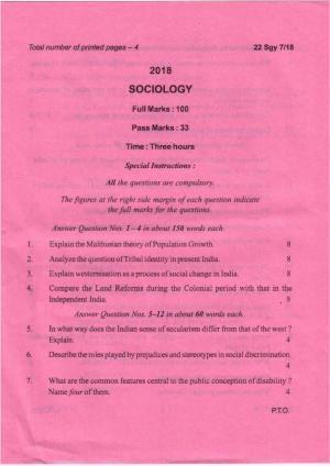 COHSEM Class 12 Sociology 2018 Question Papers