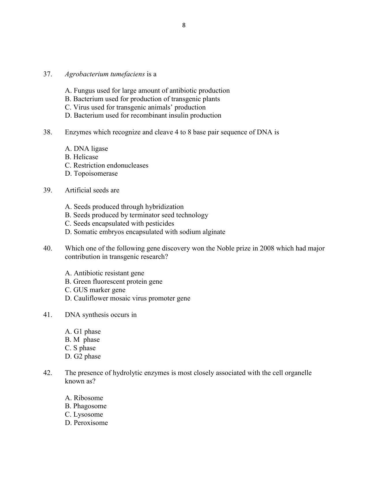 CUSAT CAT 2016 Biotechnology Question Paper - Page 8