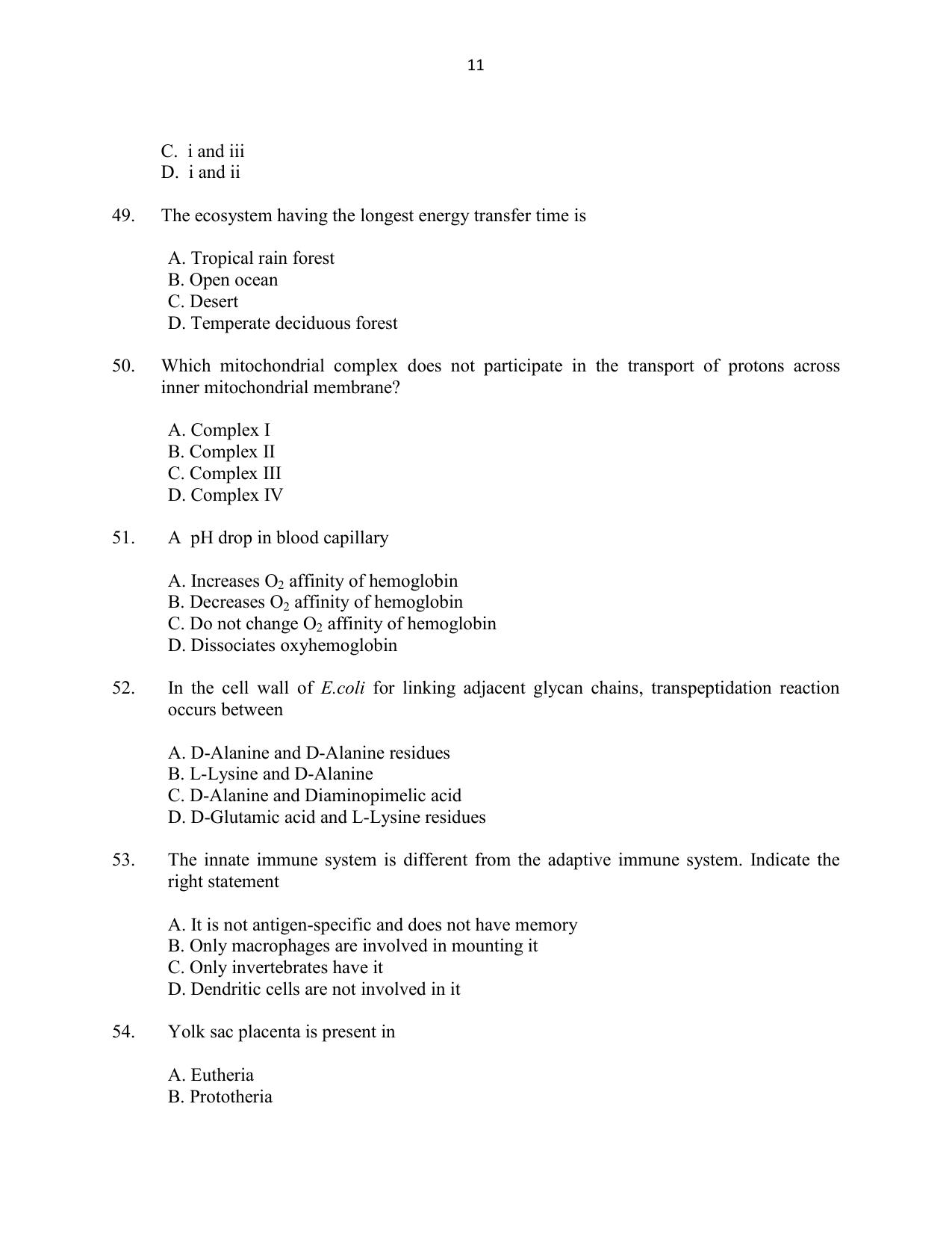 CUSAT CAT 2016 Biotechnology Question Paper - Page 11