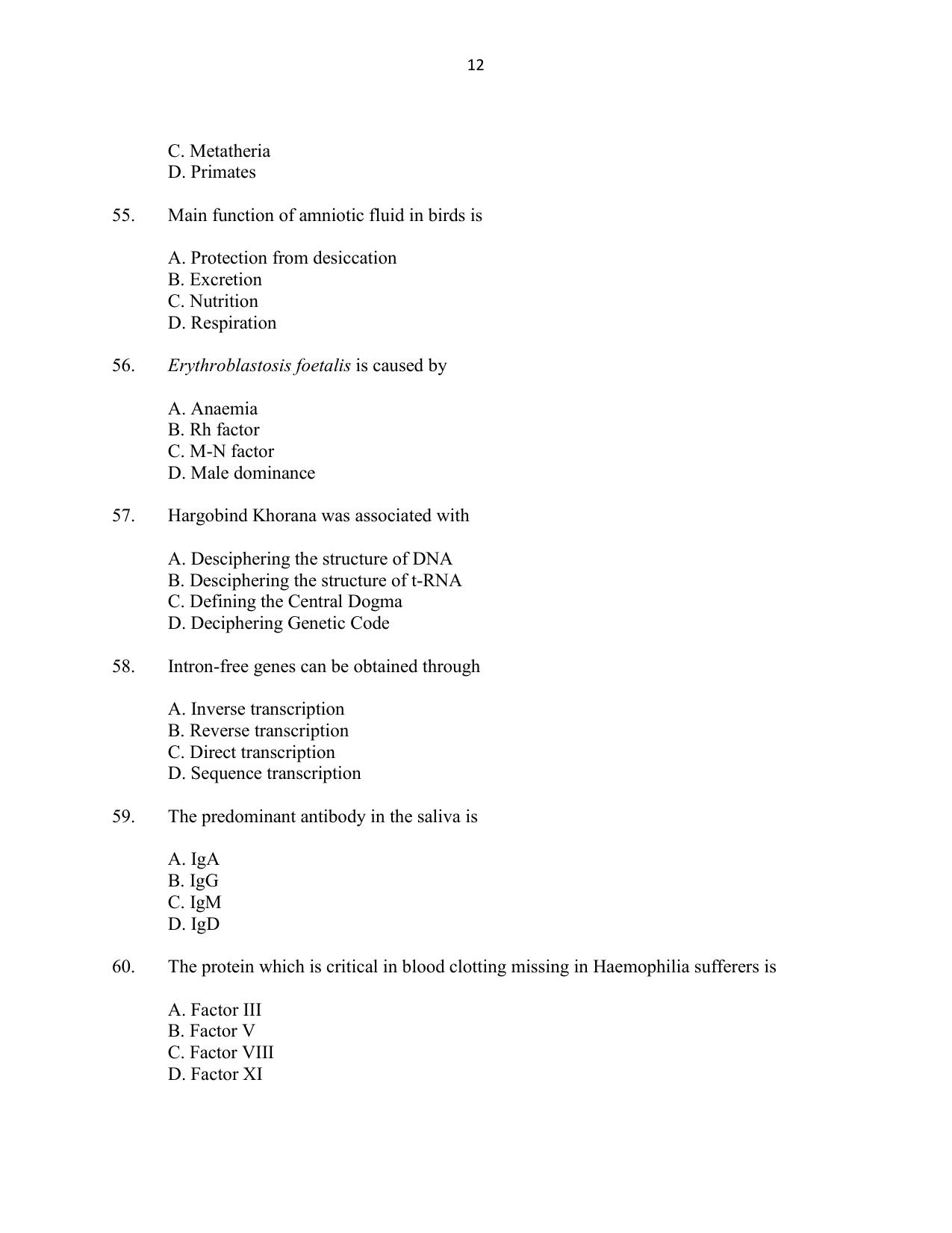 CUSAT CAT 2016 Biotechnology Question Paper - Page 12