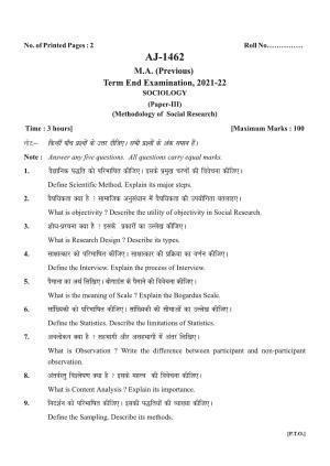 Bilaspur University Question Paper 2021-2022:M.A (Previous) Sociology Methodology Of Social Research Paper 1