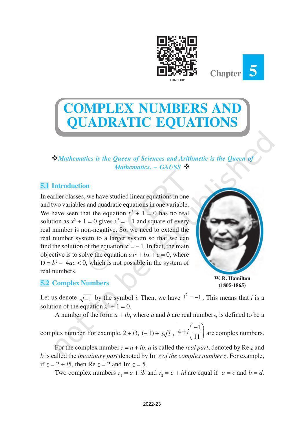 NCERT Book for Class 11 Maths Chapter 5 Complex Numbers and Quadratic Equations - Page 1