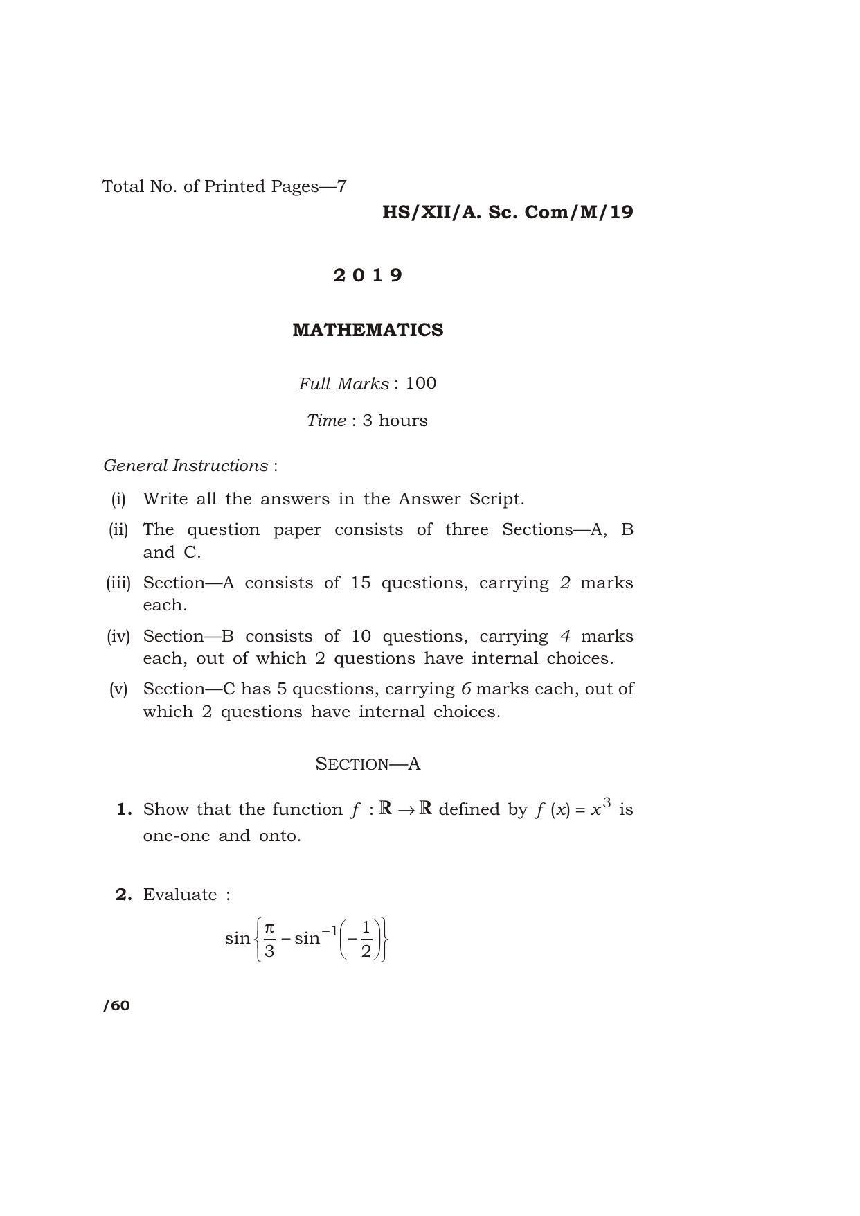 Meghalaya Board (MBOSE) Class 12 MATHEMATICS 2019 Question Paper - Page 1