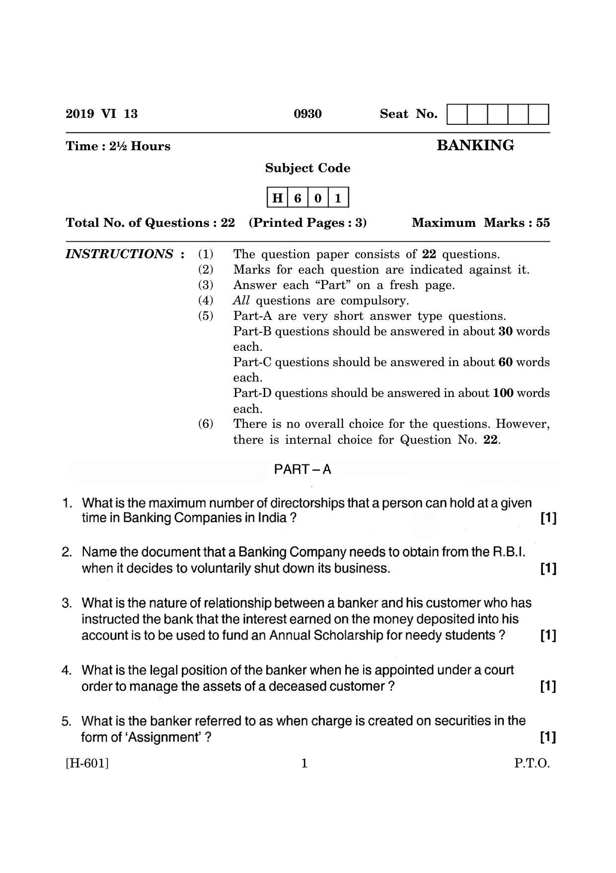 Goa Board Class 12 Banking (June 2019) Question Paper - Page 1