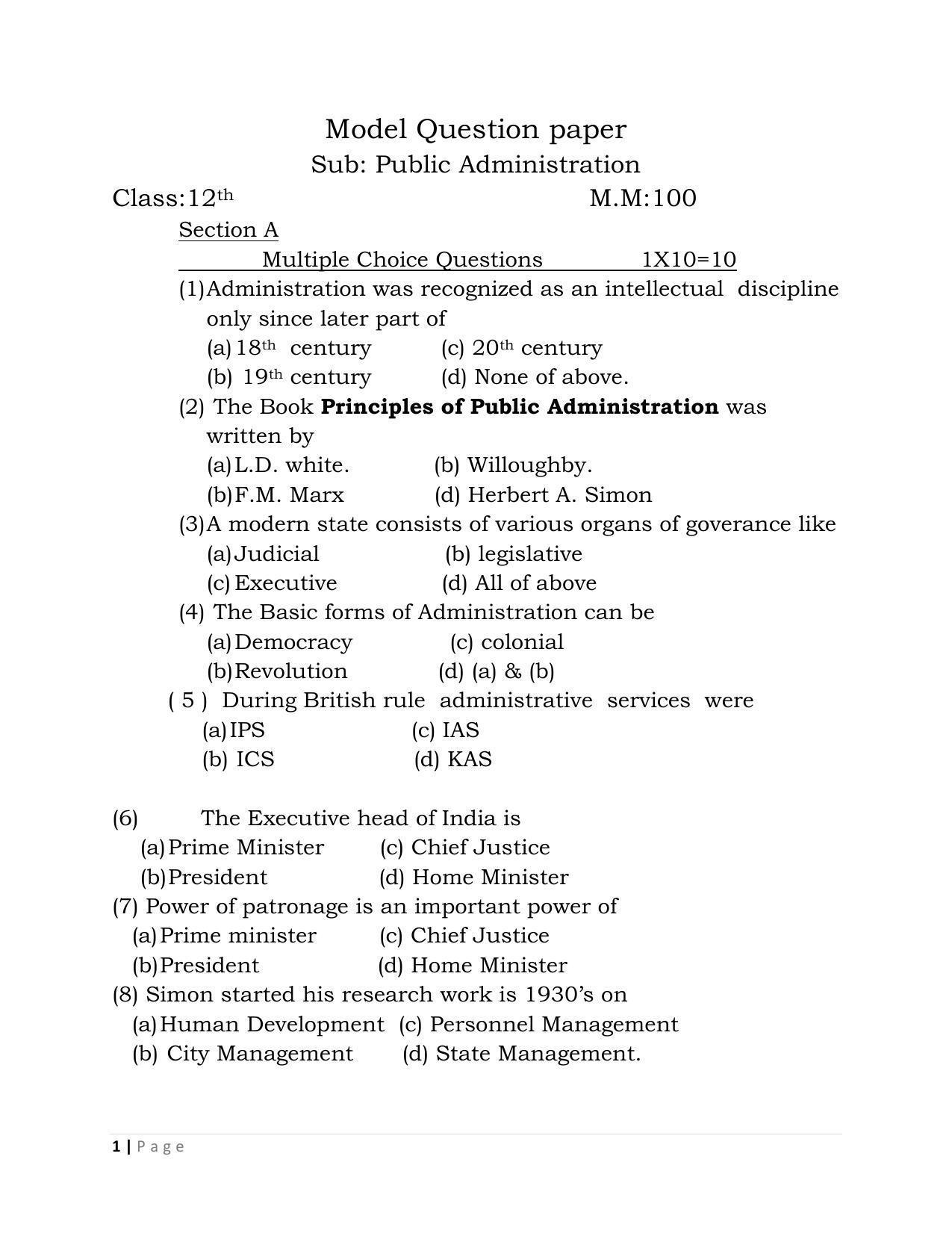 JKBOSE Class 12 Public Administration Model Question Paper 2023 - Page 1