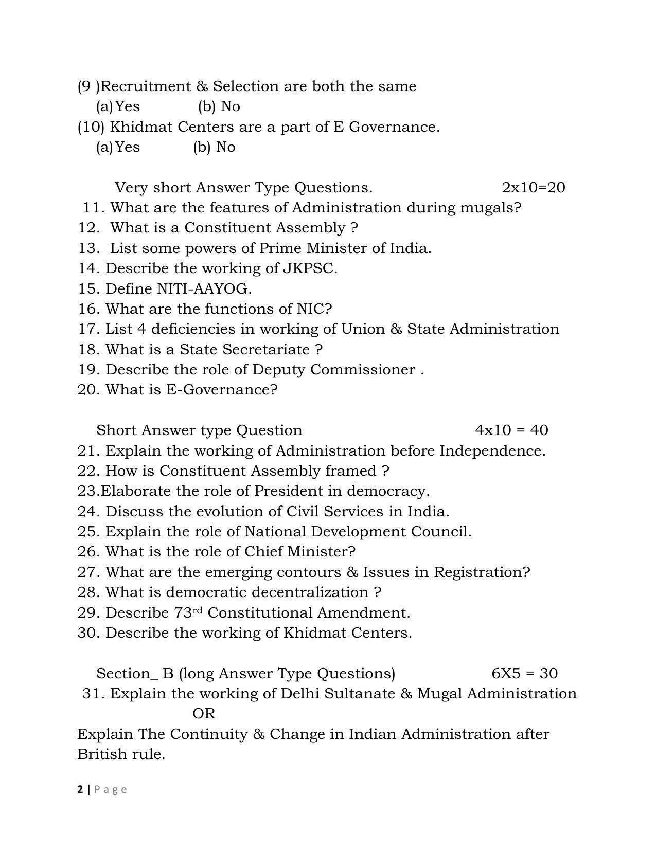 JKBOSE Class 12 Public Administration Model Question Paper 2023 - Page 2