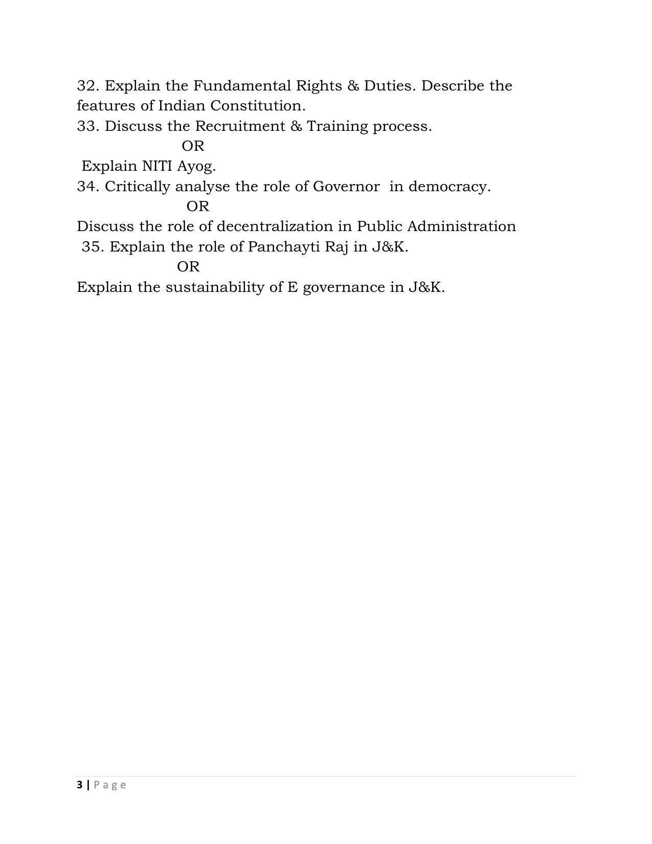 JKBOSE Class 12 Public Administration Model Question Paper 2023 - Page 3