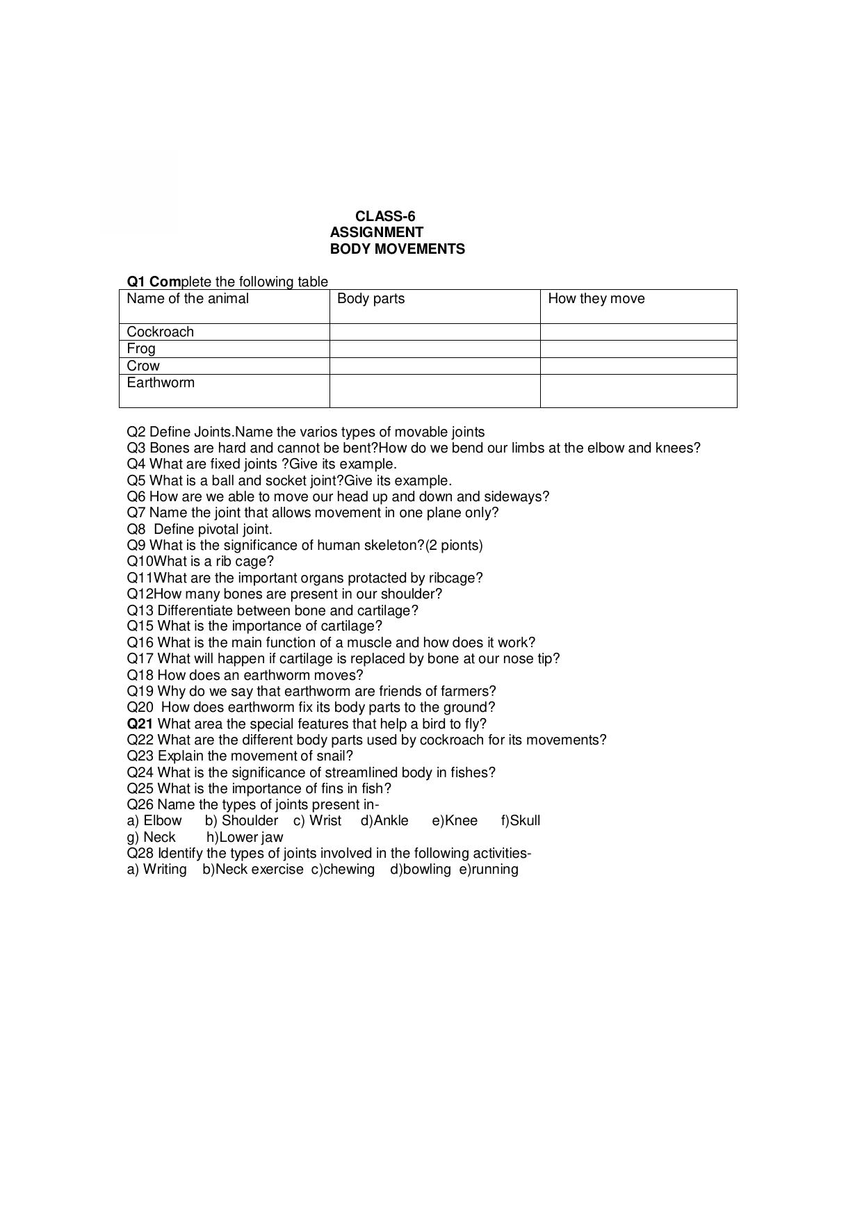 CBSE Worksheets for Class 6 Science Body Movements Assignment 4 - Page 1