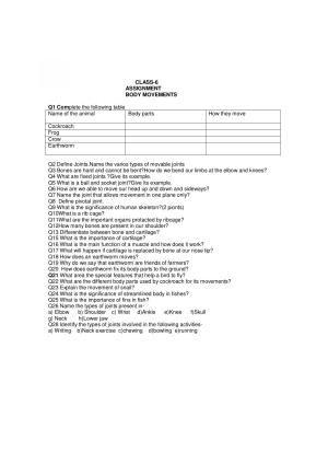 CBSE Worksheets for Class 6 Science Body Movements Assignment 4