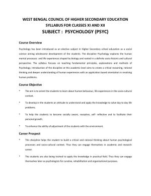 WBCHSE Class 11 & 12 Syllabus for Psychology (PSYC) (SET III)