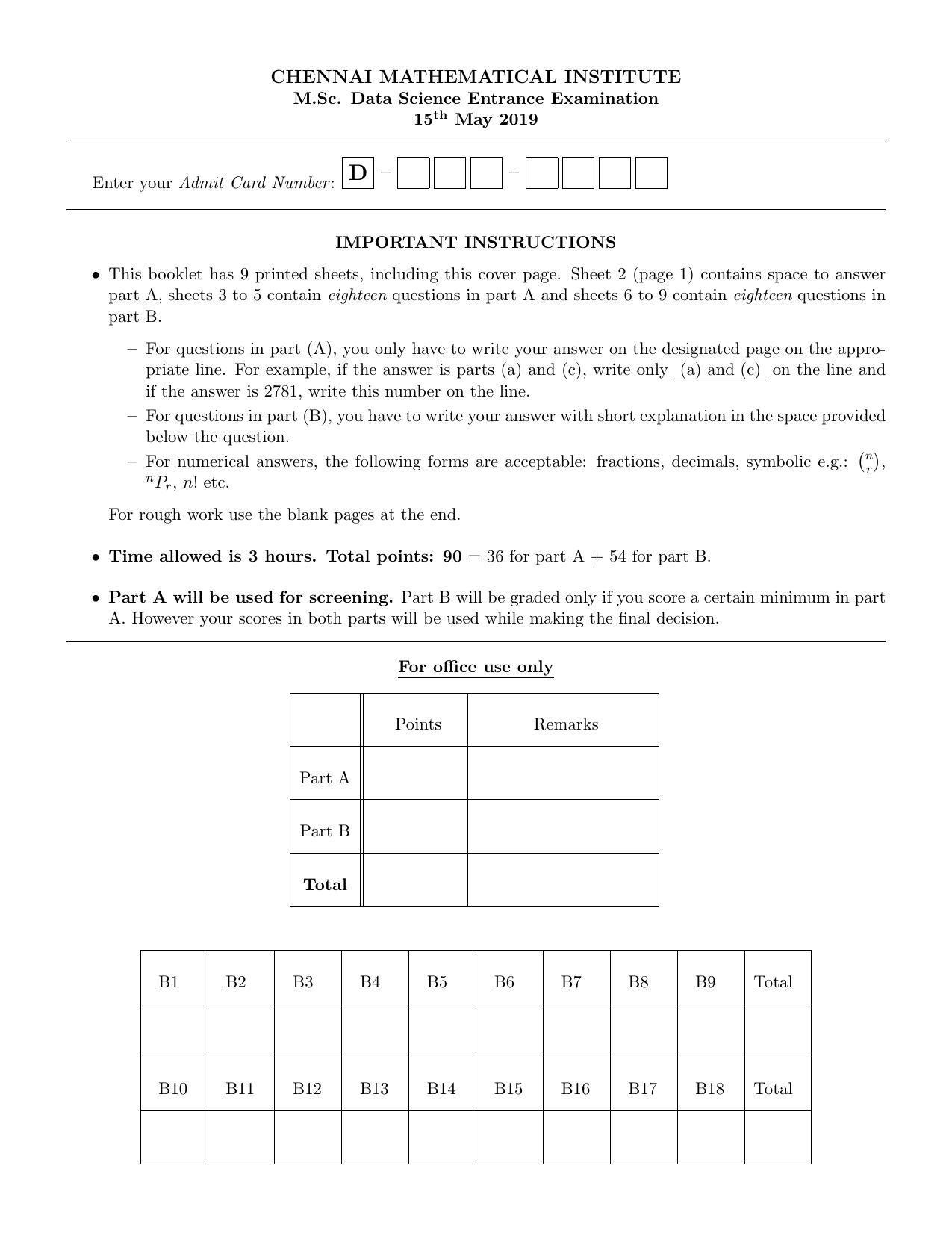 CMI Entrance Exam 2019 Question Paper MSc Data Science - Page 1