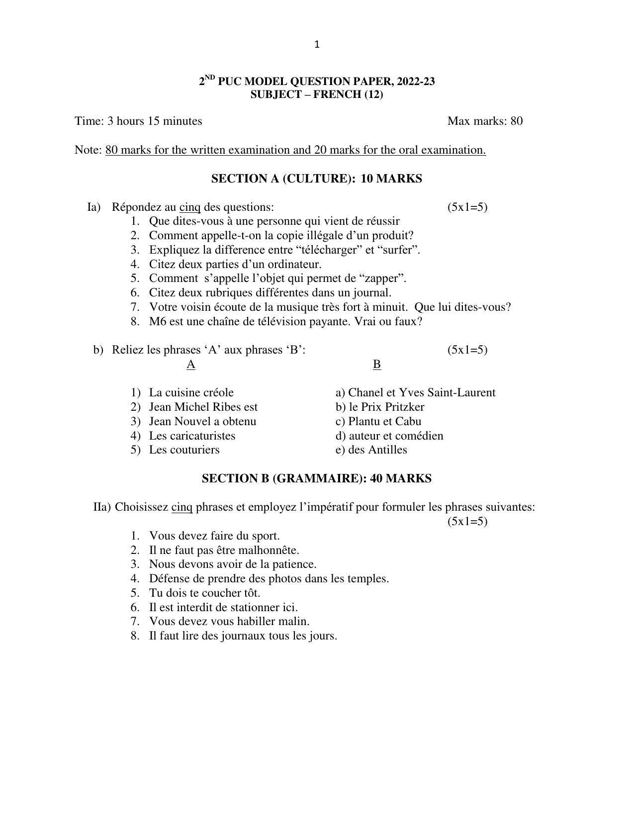 Karnataka II PUC French Model Question Paper 2023 - Page 2