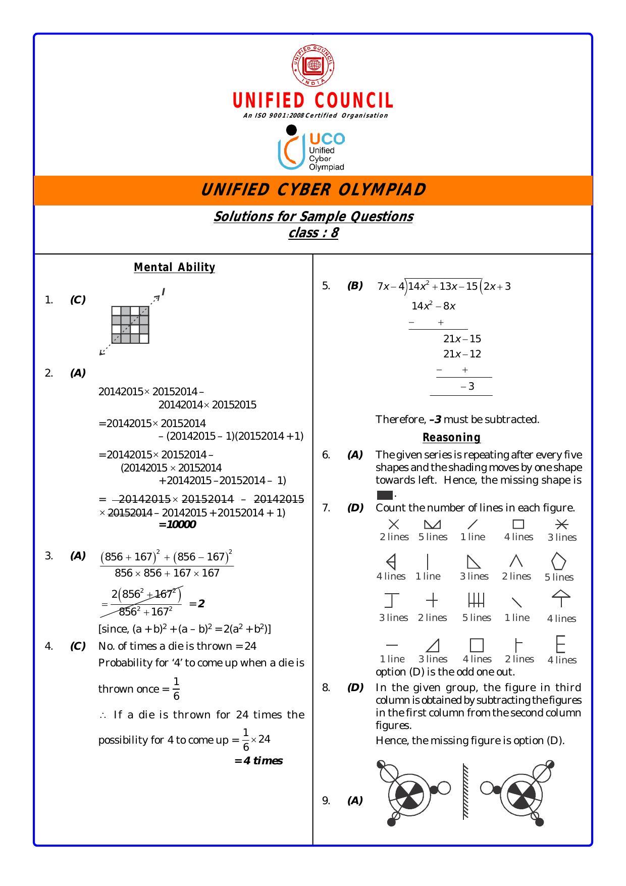 UCO Sample Papers for Class 8 Key & Solutions - Page 1