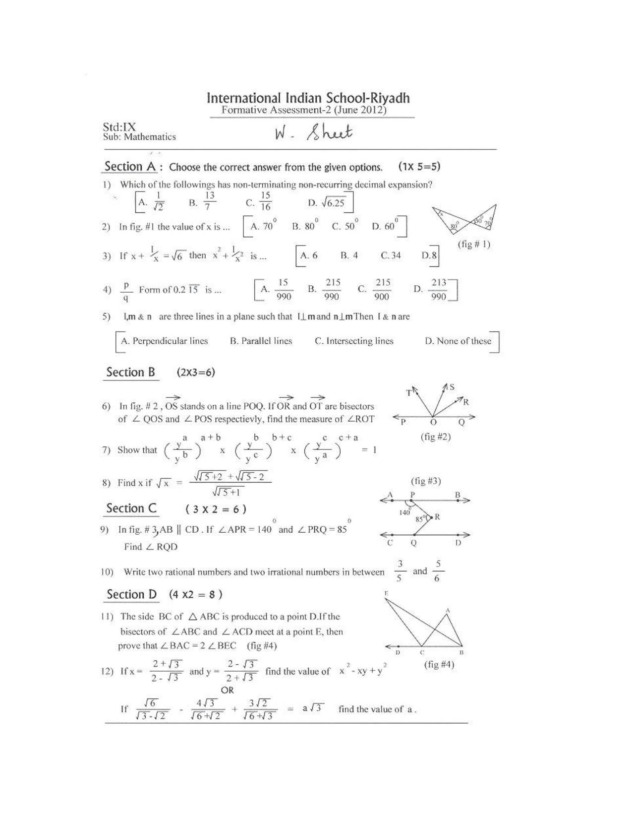 CBSE Worksheets for Class 9 Mathematics Number System Assignment 5 - Page 1