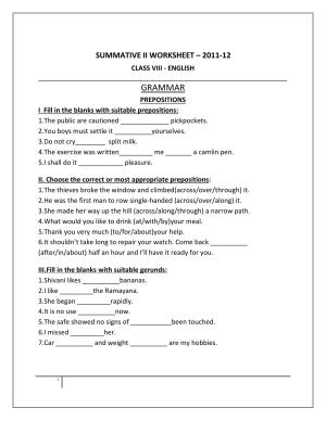 CBSE Class 8 English Worksheet Grammer Prepositions Assignment