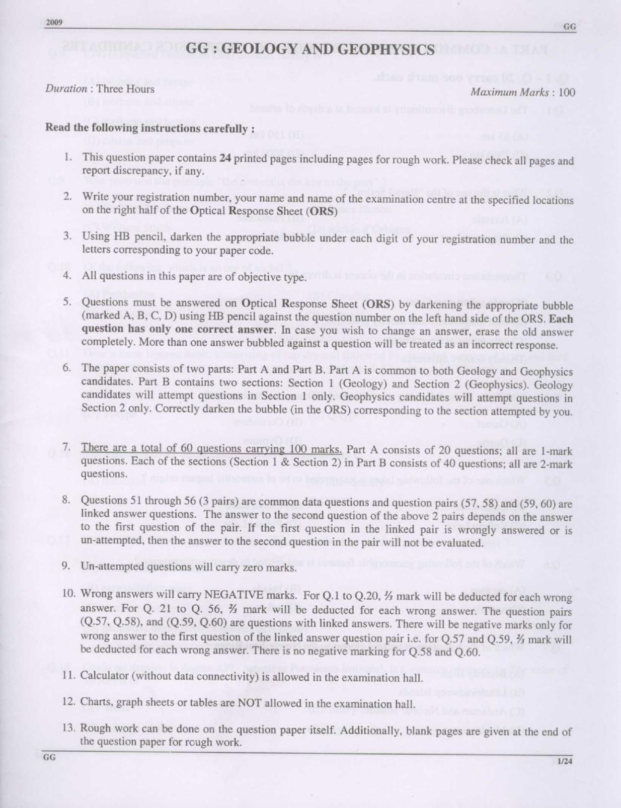 GATE 2009 Geology and Geophysics (GG) Question Paper with Answer Key - Page 1