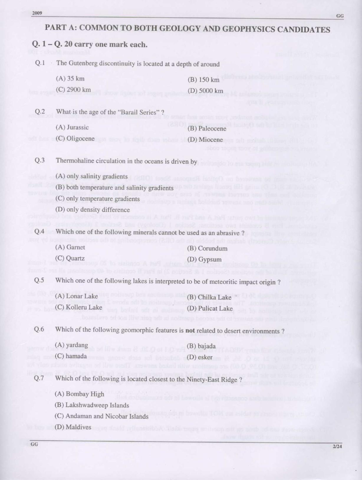 GATE 2009 Geology and Geophysics (GG) Question Paper with Answer Key - Page 2