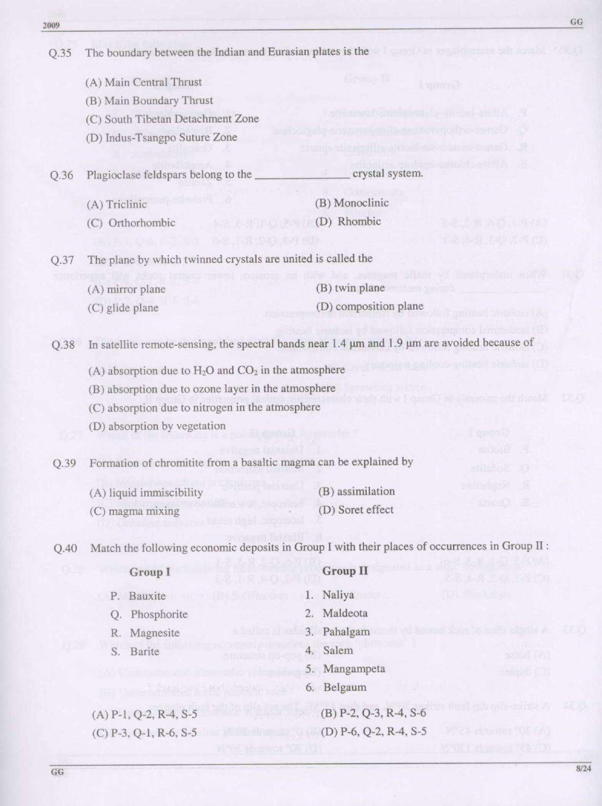 GATE 2009 Geology and Geophysics (GG) Question Paper with Answer Key - Page 8