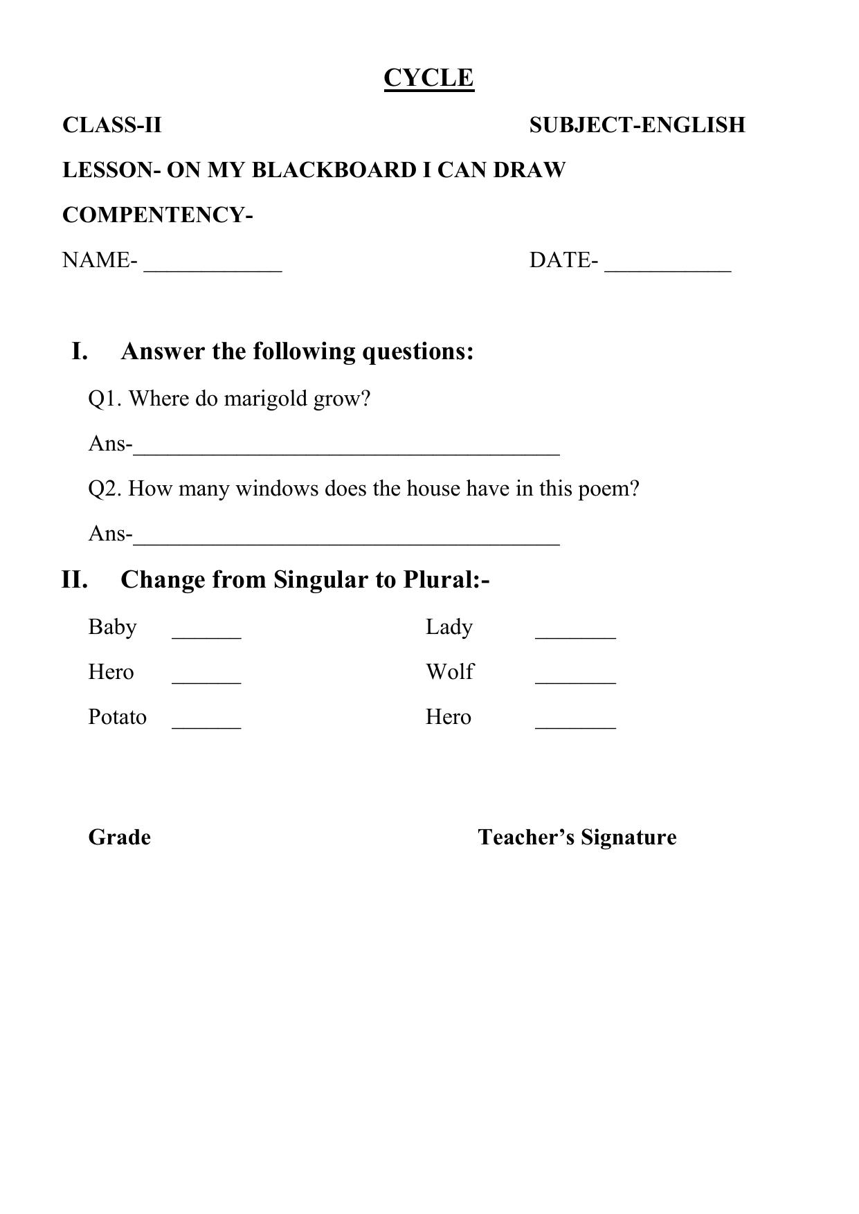 Worksheet for Class 2 English Assignment 82 On my Blackboard - Page 1