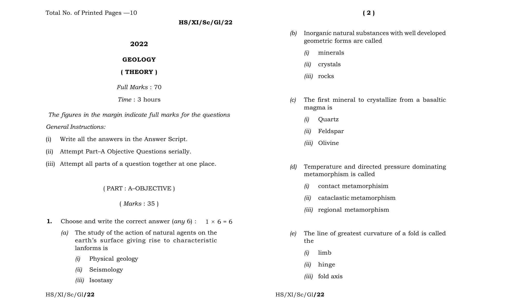Meghalaya Board (MBOSE) Class 11 Geology (theory) 2022 Question Paper - Page 1