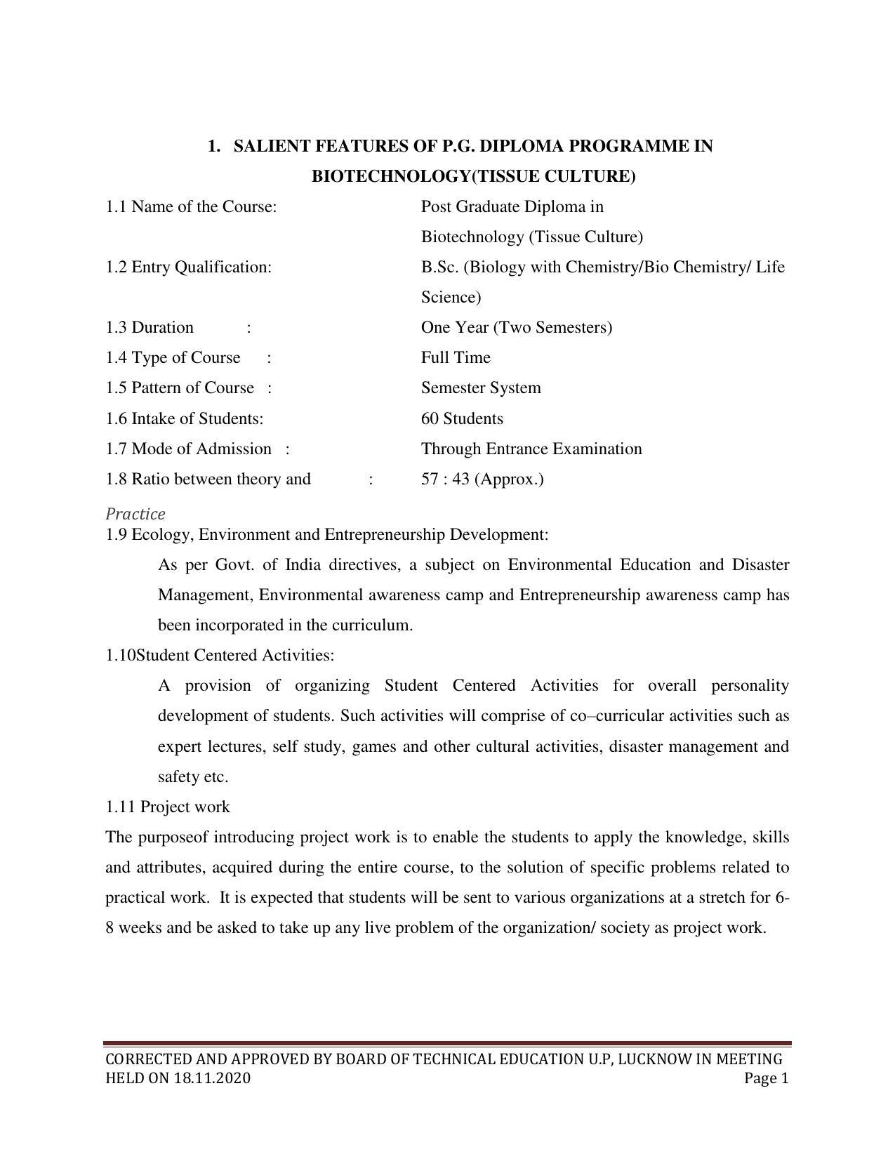 SYLLABUS FOR FIRST SEMESTER SESSION (2020-2021) - TWO SEMESTER POST GRADUATE DIPLOMA COURSE IN BIOTECHNOLOGY (TISSUE CULTURE - Page 3