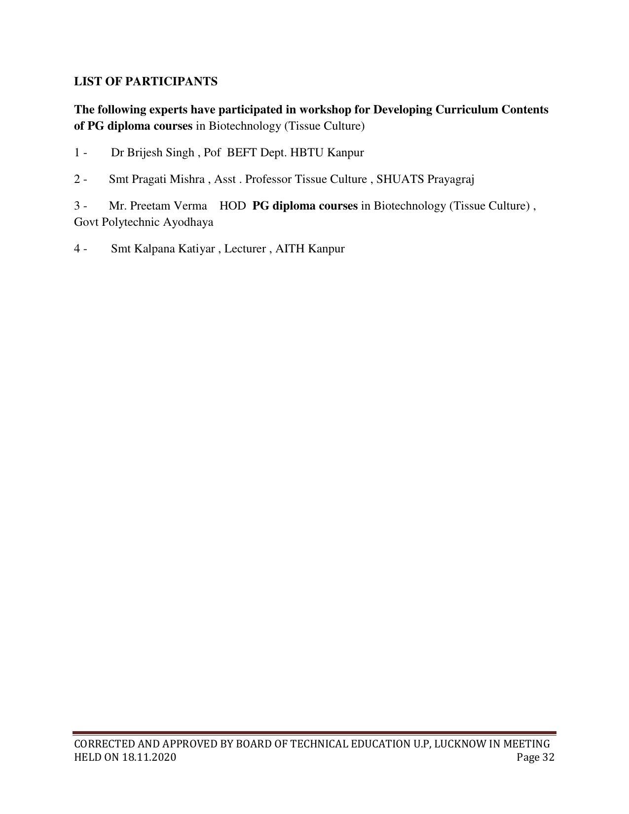 SYLLABUS FOR FIRST SEMESTER SESSION (2020-2021) - TWO SEMESTER POST GRADUATE DIPLOMA COURSE IN BIOTECHNOLOGY (TISSUE CULTURE - Page 34