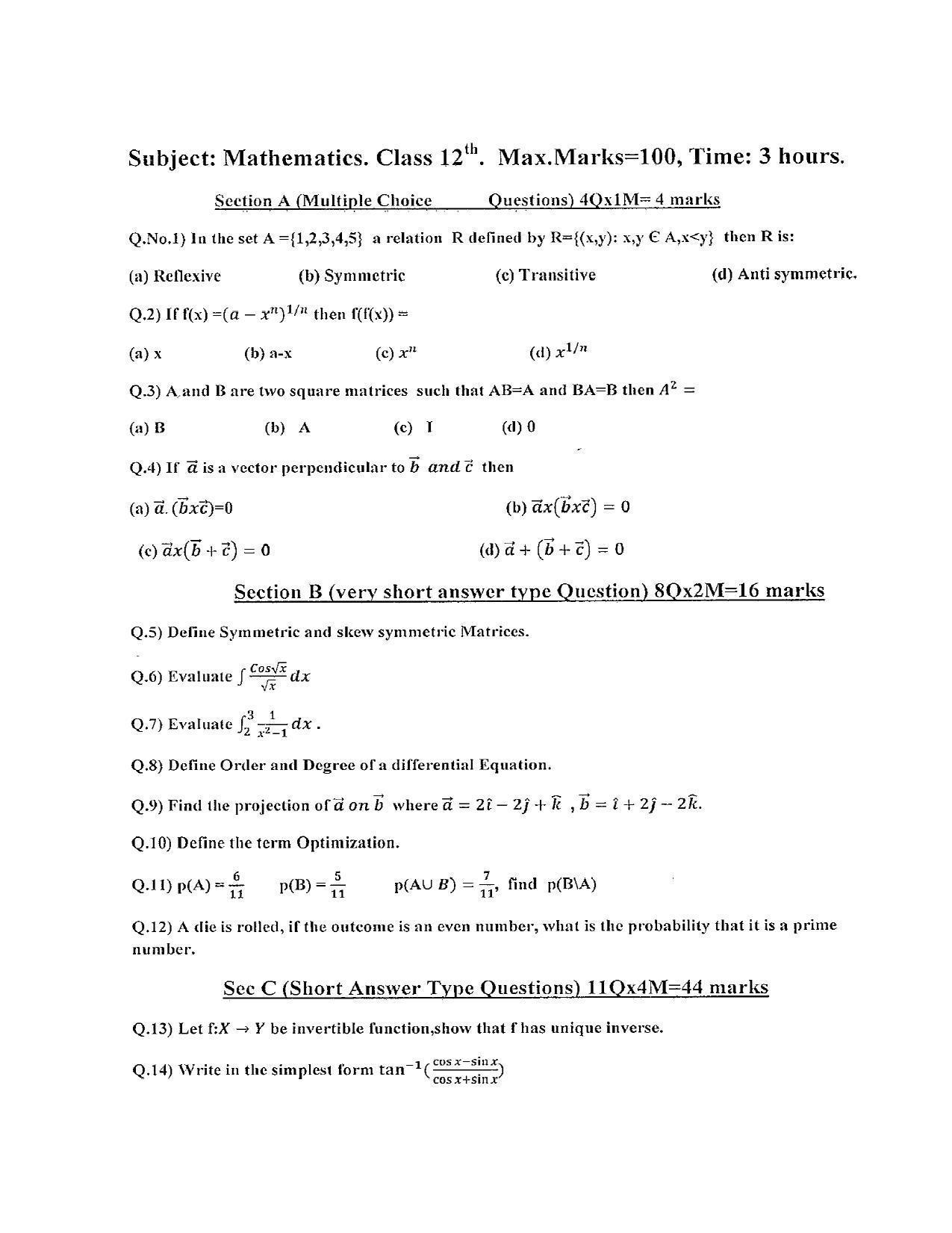 JKBOSE Class 12 Mathematics Model Question Paper 2023 - Page 2