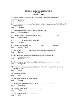 Worksheet for Class 5 General Knowledge Assignment 2